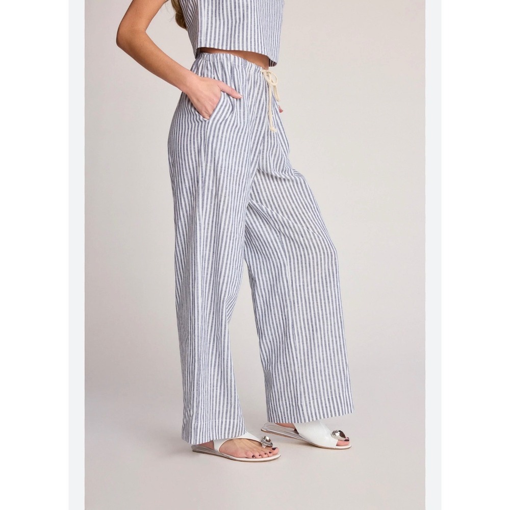 Saturday Sunday Anthropologie Blue White Striped Wide Leg Nautical Pant S Button